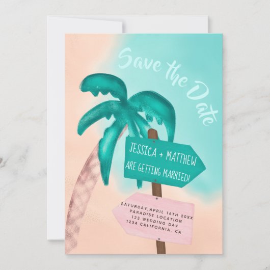 Palmboomstrandpijl blauw tropisch behalve de datum save the date (Voorkant)