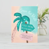 Palmboomstrandpijl blauw tropisch behalve de datum save the date (Staand voorkant)