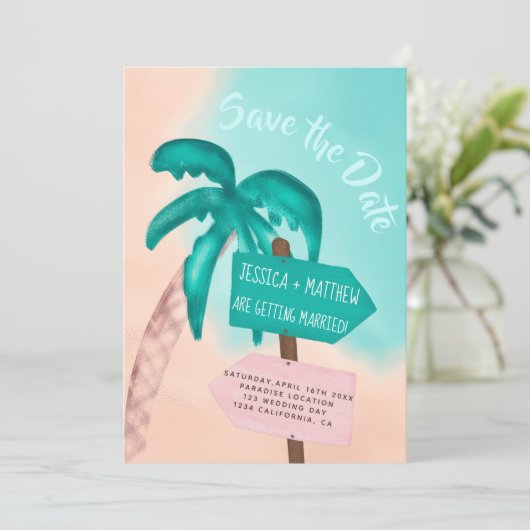 Palmboomstrandpijl blauw tropisch behalve de datum save the date (Staand voorkant)