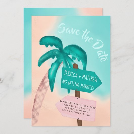 Palmboomstrandpijl blauw tropisch behalve de datum save the date (Voorkant / Achterkant)