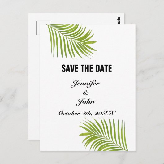 Palmboomvloed groene Waterverf vertrekt bruiloft Briefkaart (Voorkant / Achterkant)