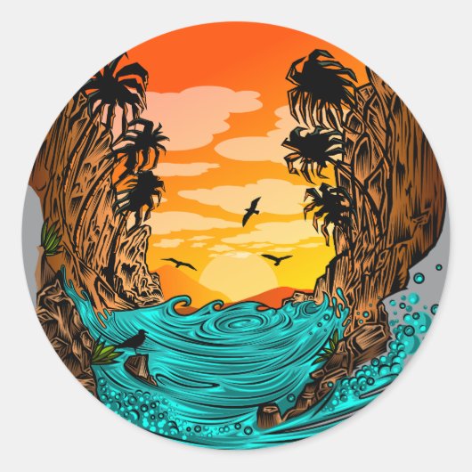 Palmboomzonsondergang Ronde Sticker (Voorkant)