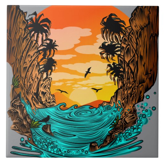 Palmboomzonsondergang Tegeltje (Voorkant)