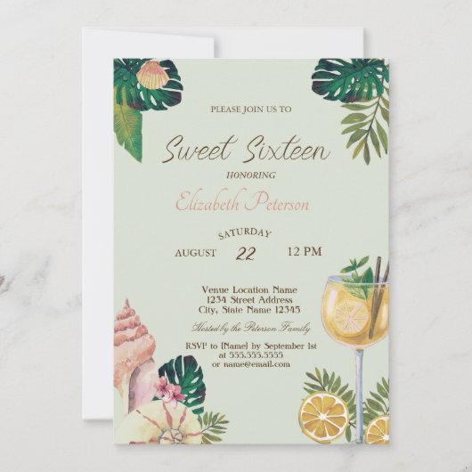Palmen, Cocktails, Seashells Summer Sweet 16 Party Kaart (Voorkant)