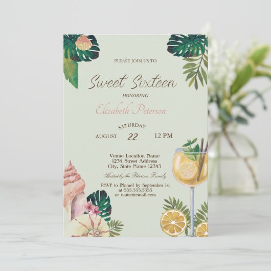 Palmen, Cocktails, Seashells Summer Sweet 16 Party Kaart (Staand voorkant)