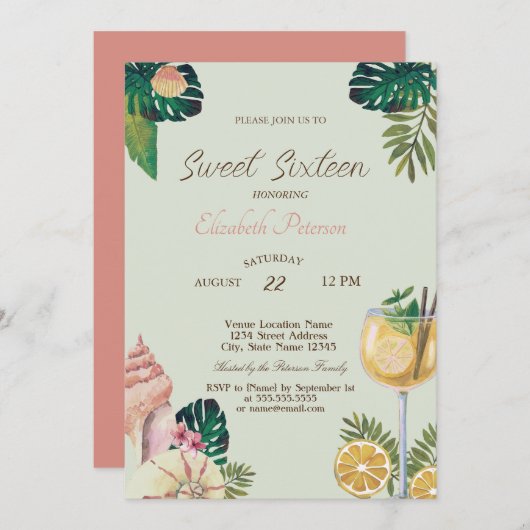 Palmen, Cocktails, Seashells Summer Sweet 16 Party Kaart (Voorkant / Achterkant)