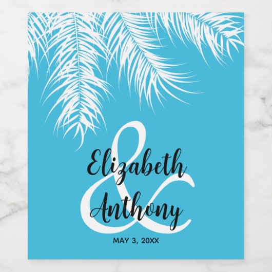 Palmen op de blauwe bruiloft wijn etiket (Enkel label)