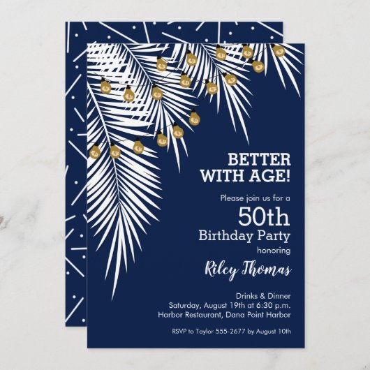 Palmen op Navy Blue Birthday Party Kaart (Voorkant / Achterkant)