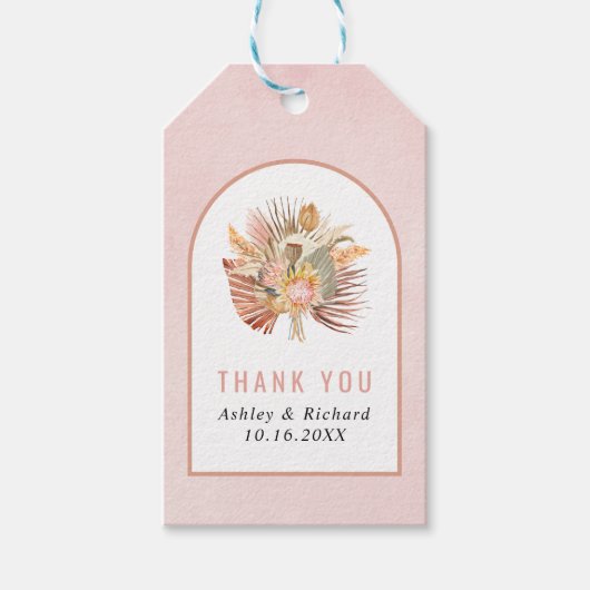 Palmen, pampas gras zacht roze Dank je bruiloft Cadeaulabel (Voorkant)