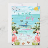 Palmen roze flamingo's, cocktails, eiland verjaard kaart (Voorkant)