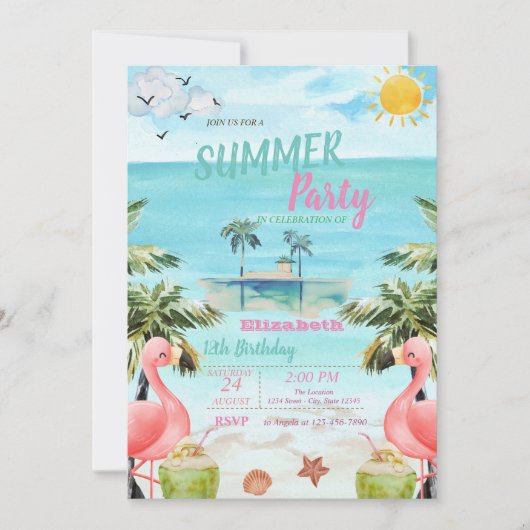 Palmen roze flamingo's, cocktails, eiland verjaard kaart (Voorkant)