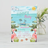 Palmen roze flamingo's, cocktails, eiland verjaard kaart (Staand voorkant)