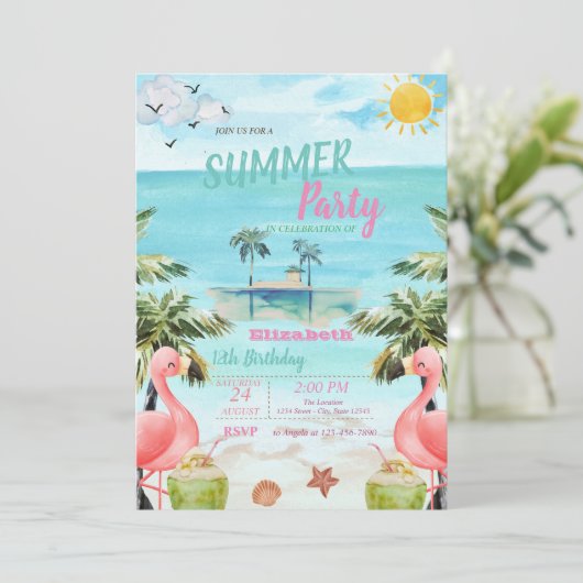 Palmen roze flamingo's, cocktails, eiland verjaard kaart (Staand voorkant)