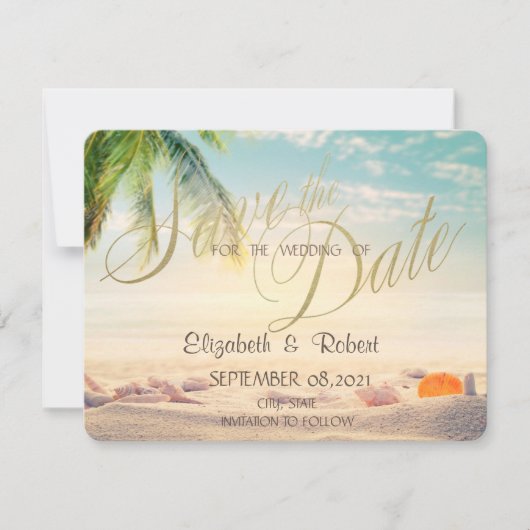 Palmen Schelpen Strand Bruiloft Bewaar De Datum Save The Date (Voorkant)