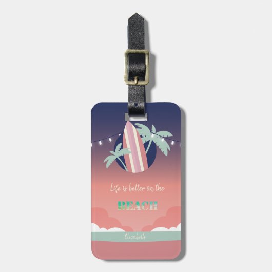 Palmen, Surfplank, Lichtslingers Strand Bagagelabel (Voorkant verticaal)