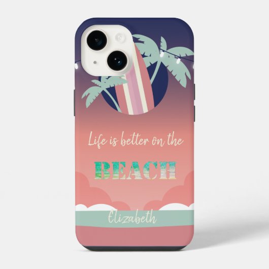 Palmen, Surfplank, Lichtslingers Strand iPhone Hoesje (Achterkant)