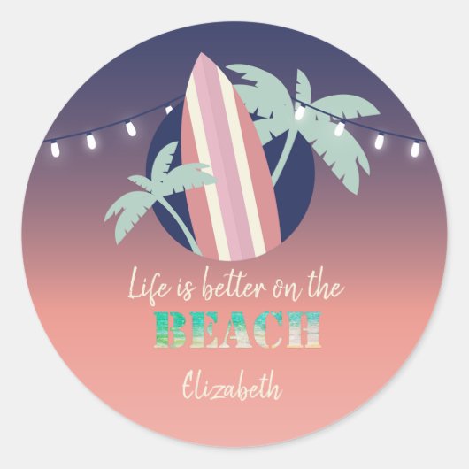 Palmen, Surfplank, Lichtslingers Strand Ronde Sticker (Voorkant)