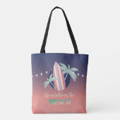 Palmen, Surfplank, Lichtslingers Strand Tote Bag (Achterkant)