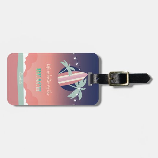 Palmen, surfplank, String Lights Beach Bagagelabel (Voorkant horizontaal)