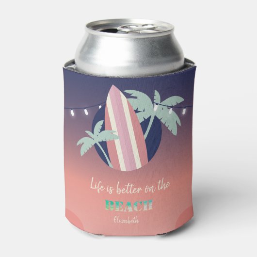 Palmen, surfplank, String Lights Beach Blikjeskoeler (Blikje Voorkant)