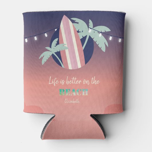 Palmen, surfplank, String Lights Beach Blikjeskoeler (Voorkant)