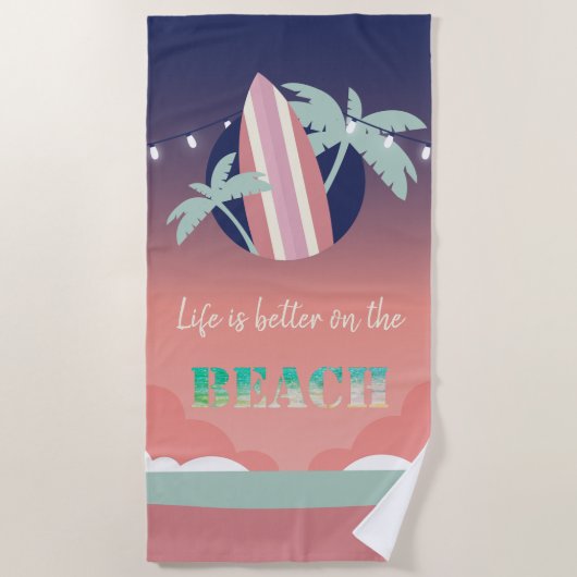 Palmen, surfplank, String Lights Beach Strandlaken (Voorkant)