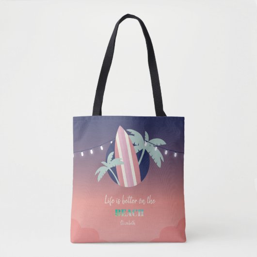 Palmen, surfplank, String Lights Beach Tote Bag (Voorkant)