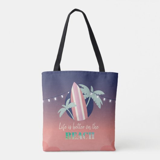 Palmen, surfplank, String Lights Beach Tote Bag (Achterkant)