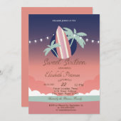 Palmen, Surfplank Zomer Sweet 16 Party Kaart (Voorkant / Achterkant)
