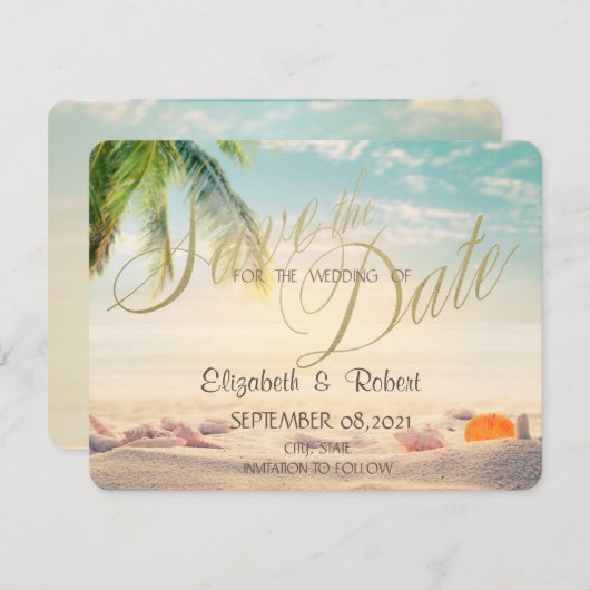 Palmen Zeeschelpen Strand Bruiloft  Bewaar De Datu Save The Date (Voorkant / Achterkant)
