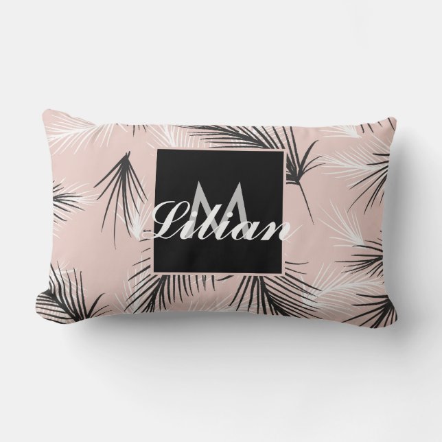 Palmen Zwart Wit Aardetoon Roze Monogram Kussen (Voorkant)
