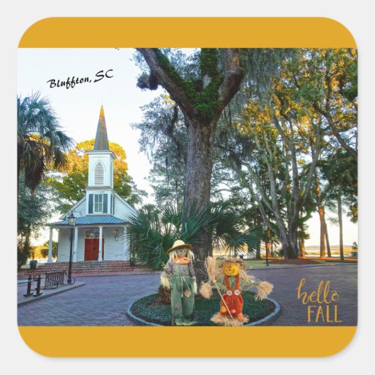 Palmetto Bluff Chapel Bluffton SC Herfst Scarecrow Vierkante Sticker (Voorkant)