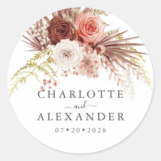 Palmetto Rust Oranje Terracotta Floral Wedding Ronde Sticker (Voorkant)