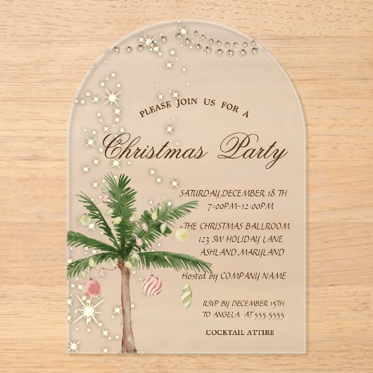 Palmkerstboom, sparkle, lampjes, kerstfeest acryl uitnodigingen (Voorkant)