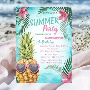 Palmleder, bloemen, ananas Birthday Party Kaart