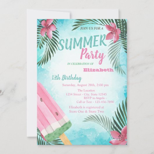 Palmleder, bloemen, ijsbloem, Birthday Party Kaart (Voorkant)