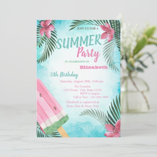 Palmleder, bloemen, ijsbloem, Birthday Party Kaart (Staand voorkant)