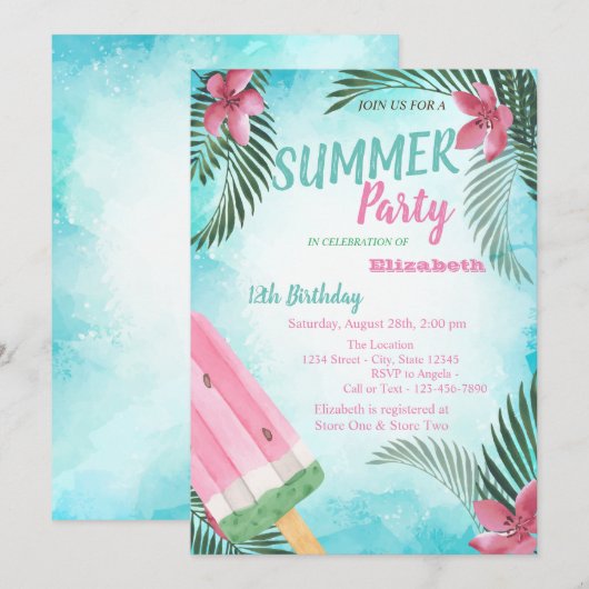 Palmleder, bloemen, ijsbloem, Birthday Party Kaart (Voorkant / Achterkant)