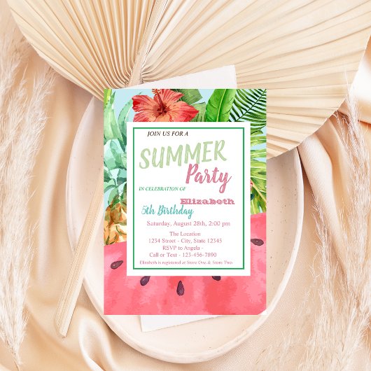 Palmleder, bloemen, watermeloen, anananas Birthday Kaart