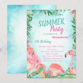 Palmleder, Flamingos, Ice crème Birthday Party Kaart (Voorkant / Achterkant)