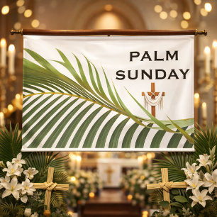 Palmpasen Kruis met Groene Palm Tak  Spandoek