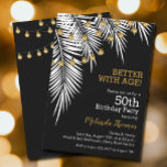 Palms 50e Black & Gold verjaardagsfeest Kaart<br><div class="desc">Witte palmboomschijfjes met gouden lichte strengen op een zwarte achtergrond,  dit zijn leuke uitnodigingen voor verjaardagsfeestjes voor elke leeftijd. Zie overeenkomende objecten in ons collectie.</div>