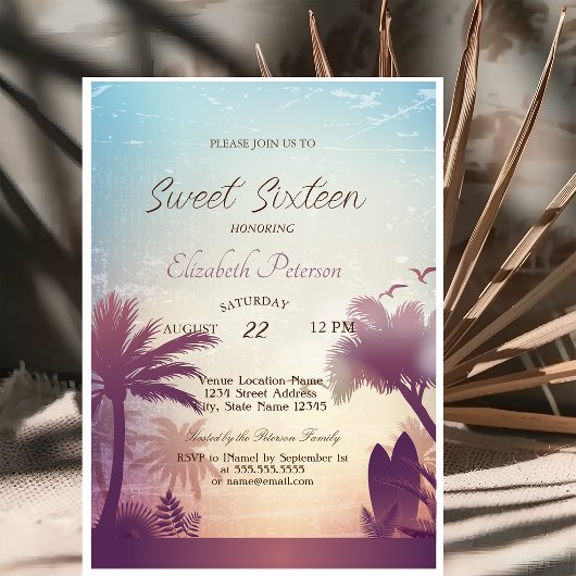 Palms Beach Surfboard Sweet 16 Feestje Kaart