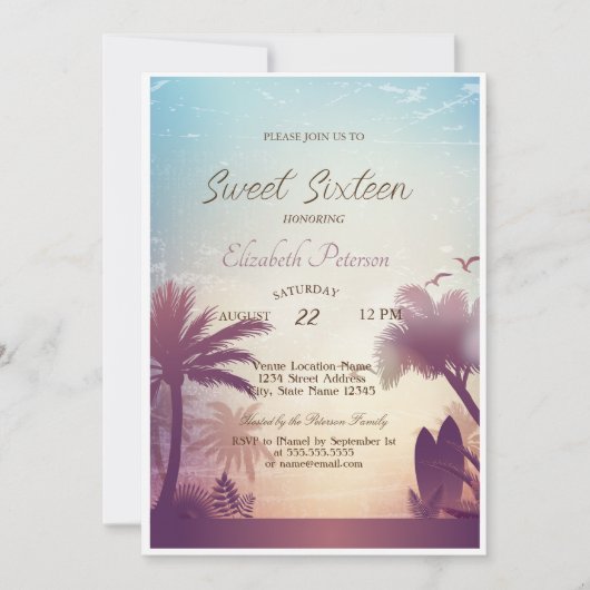 Palms Beach Surfboard Sweet 16 Party Kaart (Voorkant)