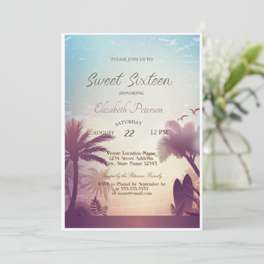 Palms Beach Surfboard Sweet 16 Party Kaart (Staand voorkant)