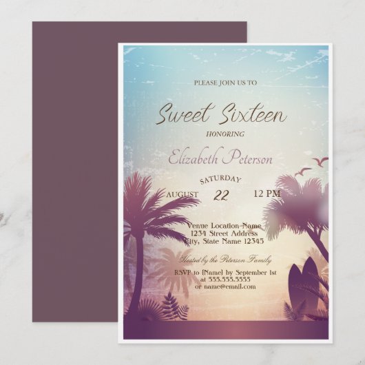 Palms Beach Surfboard Sweet 16 Party Kaart (Voorkant / Achterkant)