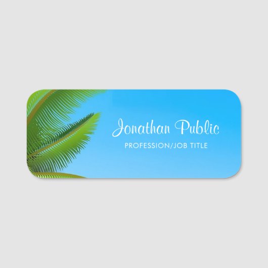 Palms Blue Sky Handgeschreven Script Tekst Sjabloo Naamplaatje (Voorkant)