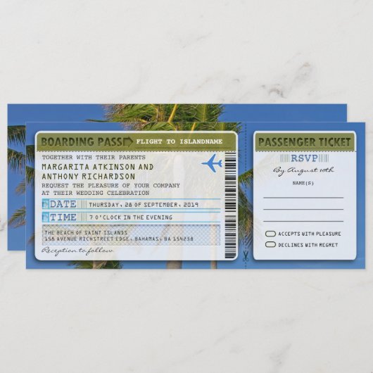 Palms Boarding Pass Wedding Ticket-Invitation & RS Kaart (Voorkant / Achterkant)