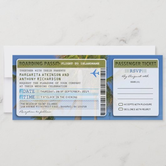 Palms Boarding Pass Wedding Ticket-Invitation & RS Kaart (Voorkant)