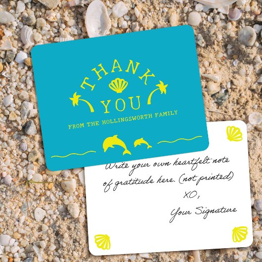 Palms & Dolphins Teal & Yellow Personalized Bedankkaart